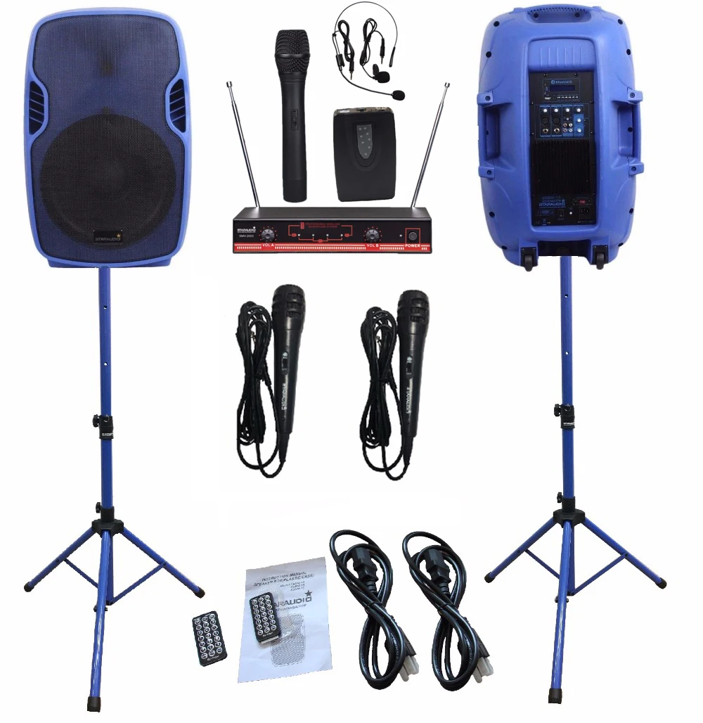 

2 STARAUDIO 3500W 15"PA Active MP3 BT USB SD Speakers Blue Powered DJ Stage W/2CH Wireless Mics Stands Wired Microphone SSBM-15