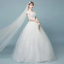 Новое поступление трапециевидной формы длиной до пола с круглым вырезом vestidos de noiva princesa белый кружево короткий рукав бисер невесты