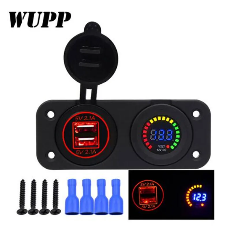 

WUPP Universal Waterproof Car Charger Motorcycle Plug Dual USB With LED Red Digital Display Voltmeter Charging Socket 12V-24V