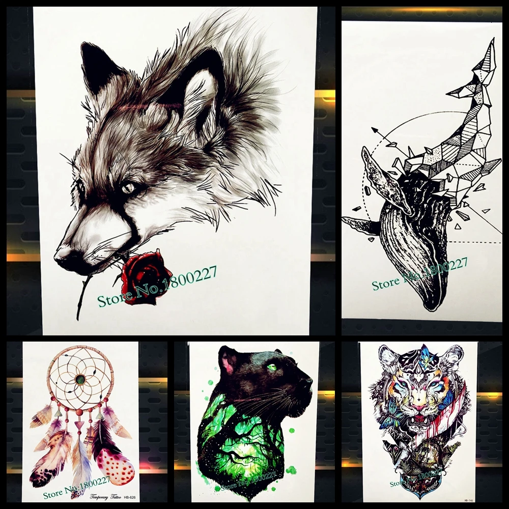 Водостойкая тату наклейка волк с розой 21 х15 см|fashion tatoo|arm tatoostatoo body art |