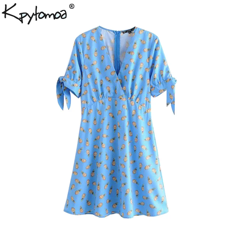 

Vintage Stylish Pineapple Pattern Mini Dress Women 2019 Fashion V Neck Bow Tie Sleeves Ladies Dresses Casual Vestidos Mujer