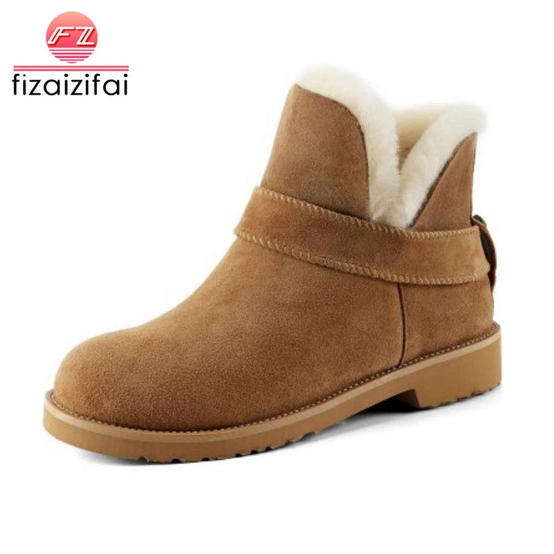 

FizaiZifai Women Snow Genuine Leather Round Toe Plush Fur Winter Wram Shoes Simple Fashion Shoes High Quality Shose Size 32-41