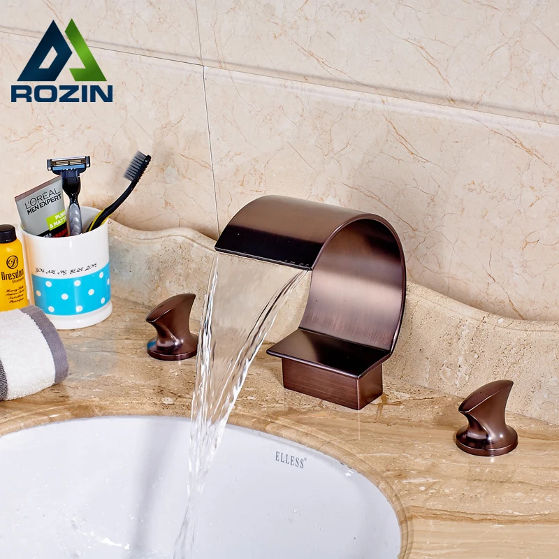 

Oil Rubbed Bronze Waterfall Widespread Basin Sink Faucet Dual Handle Bathroom Washing Basin Mixers 3 Install Holes