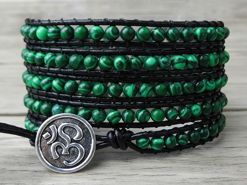 Boho 5 Wrap Bracelet gypsy Leather wrap bracelet Green Malachite beads bracelet natural stone Jewelry yoga jewelry 2017 new triple leather wrap bracelet for women fancy stone handmade multilayer czech glass beads leather rope jewelry