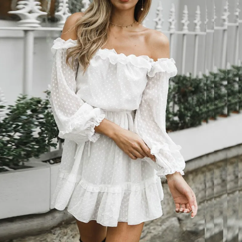 

Sexy Slash Neck Chiffon Solid Strapless Three Quarter Sleeved Lotus Leaf Ear Polka Dot Dress Ruffles Dresses Party Night Club