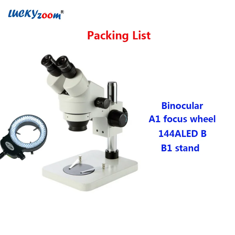 Lucky Zoom Brand 7X-45X Table Pillar Stand Zoom Magnification Binocular Stereo Microscope Inspect PCB Microscope+144 led Ring