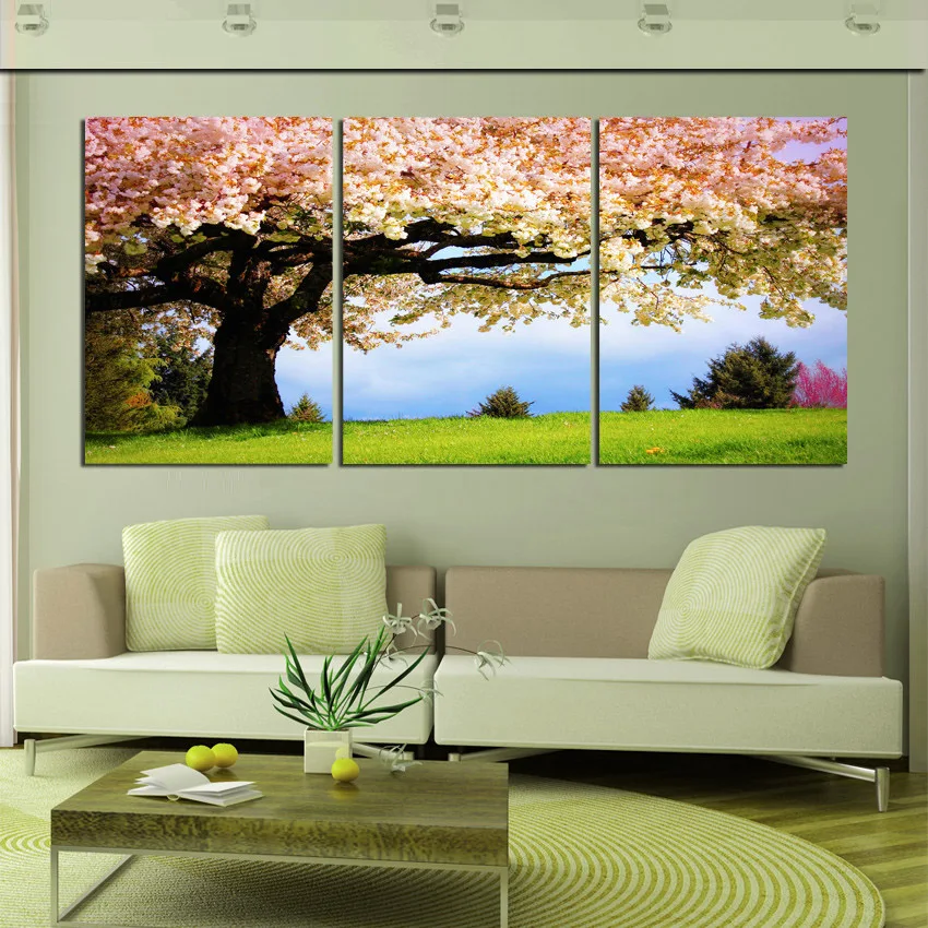 3 Panel flor de cerezo pintura grandes flores de árboles en plena