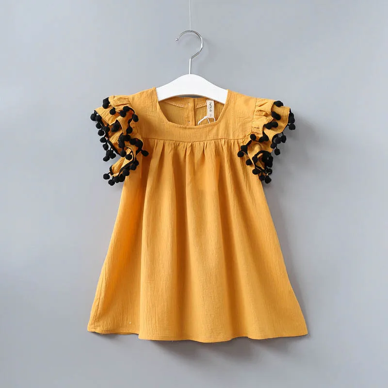 

2019 New Summer Baby Girls Dress Children Kids Cotton Clothes Princess Fly Sleeve Solid Dress Girls Short Sleeve Dress 18M-5T