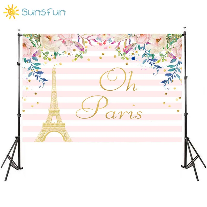 Sunsfun Background for Photo Studio Paris Eiffel Tower Birthday Party Stripes Flowers Photography Backdrop Photobooth Photocall