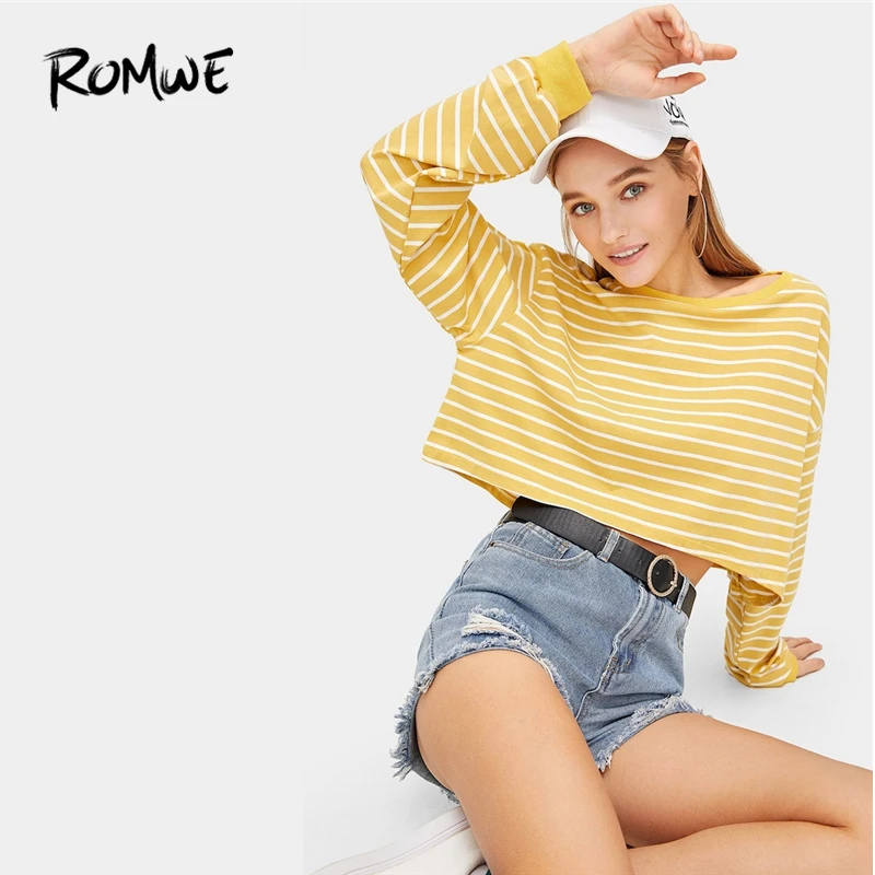 

ROMWE Striped Dip Hem Tee 2019 Casual Women Asymmetrical Cool Female Long Sleeve Fashion Spring Autumn Round Collar T-shirt