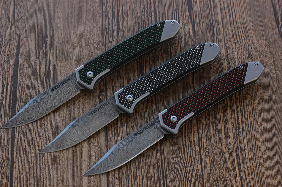 Miker Protech folding knife blade Damascus steel carbon fiber handle outdoor camping hunting pocket fruit knife EDC tools,Free 