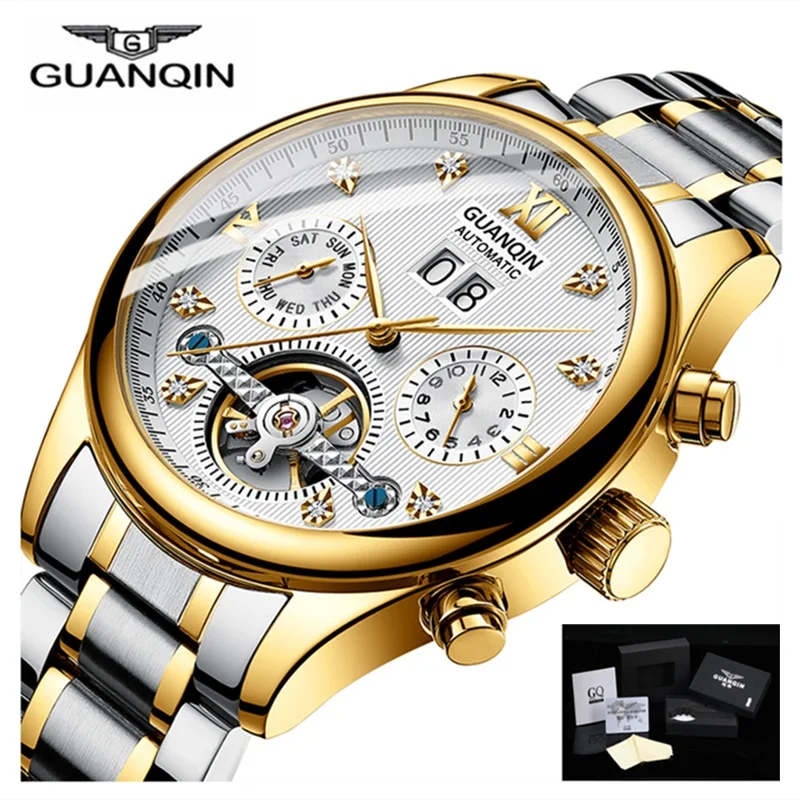 

Brand GUANQIN Watch men Mechanical Tourbillon style Automatic waterproof stainless steel strap date gold watches Erkek kol saati