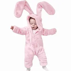 Зима для новорожденных Одежда для маленьких мальчиков и девочек кролик 3D Ухо розовый комбинезон Теплая Верхняя одежда Одежда для детей