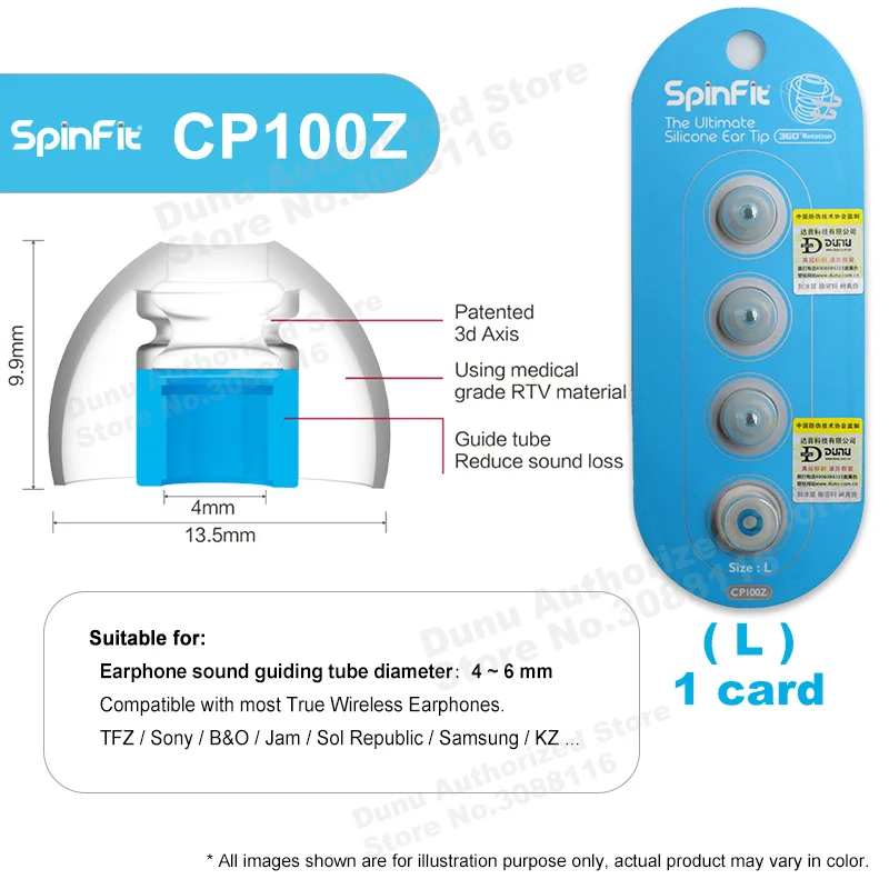 DUNU SpinFit CP100Z силиконовые ушные вкладыши запатентованные на 360 градусов ушные наконечники для настоящих беспроводных наушников - Цвет: CP100Z-L 1card