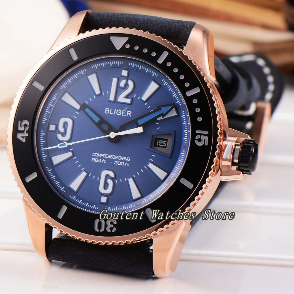 

43mm Bliger Rose Gold Case Blue Dial Leather Strap Automatic Movement Men's Watch