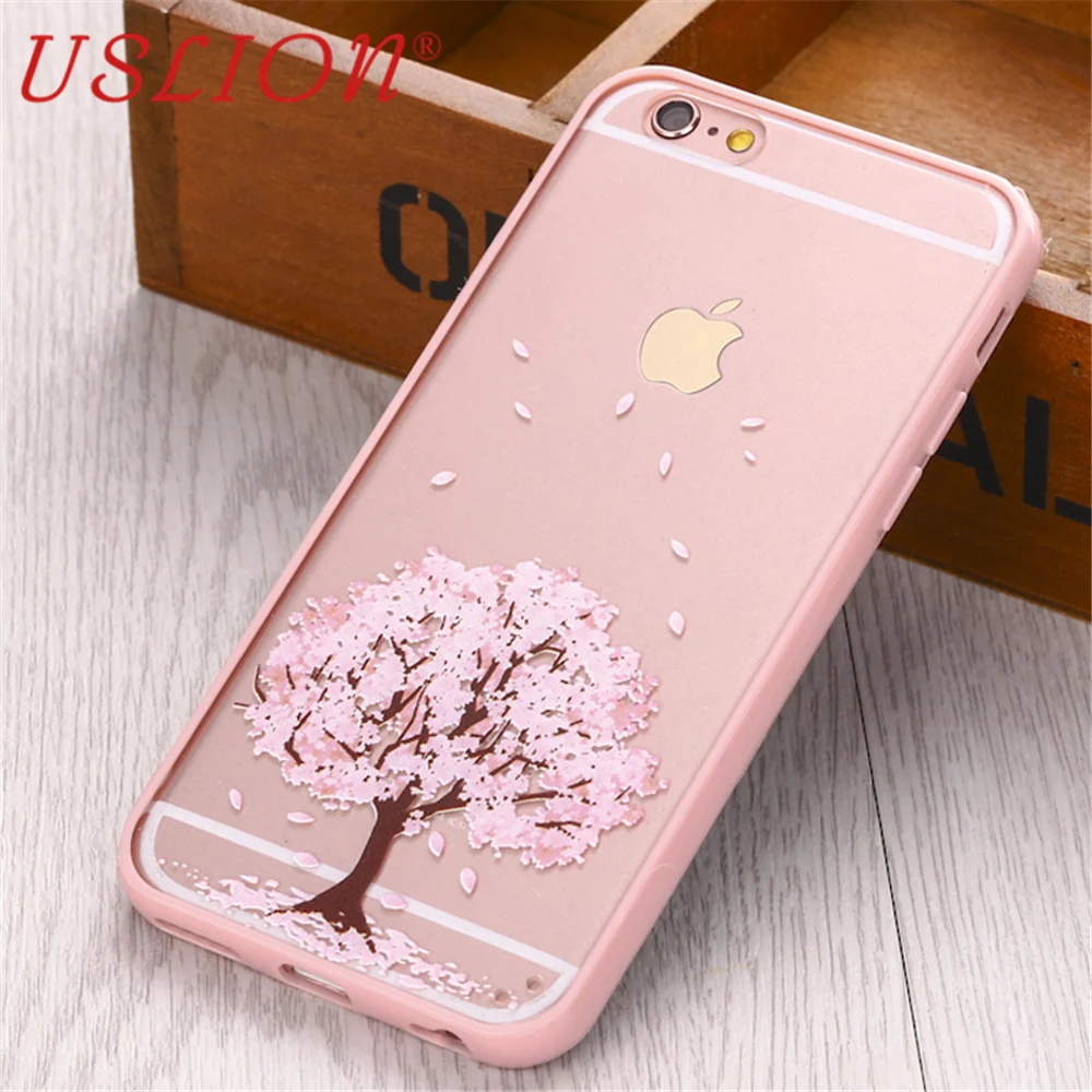 Top Quality Cartoon Cat/Cherry Tree Pattern Phone Case For iphone4 4s 5 5S 5C 6 6S SE Hard Transparent Flowers Series Back Cover