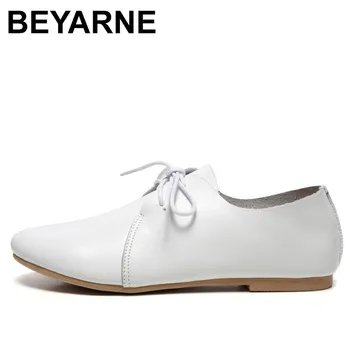 

BEYARNE 2018 New Women's White Genuine Leather Shoes Patchwork Lace-Up Design Round Toe Autumn Style