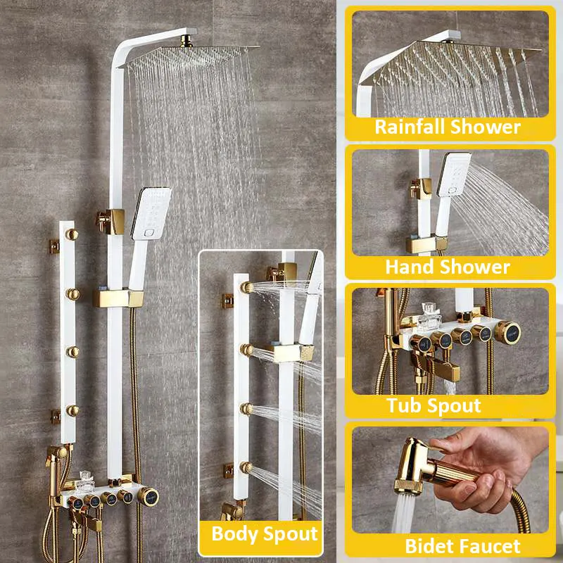 Черный золотой смеситель для душа, наборы, регулируемая высота, массажная струя, смесители для душа, насадка для душа, латунь, биде, распылитель, насадка для ванны - Цвет: White Goldem