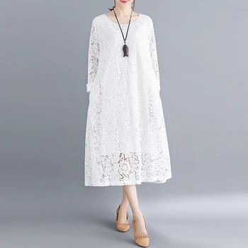 

Women White Lace Dresses 2019 new High Quality Floral long Sleeve A-Line Plus Size long Dress Female Pink Black Party Dress