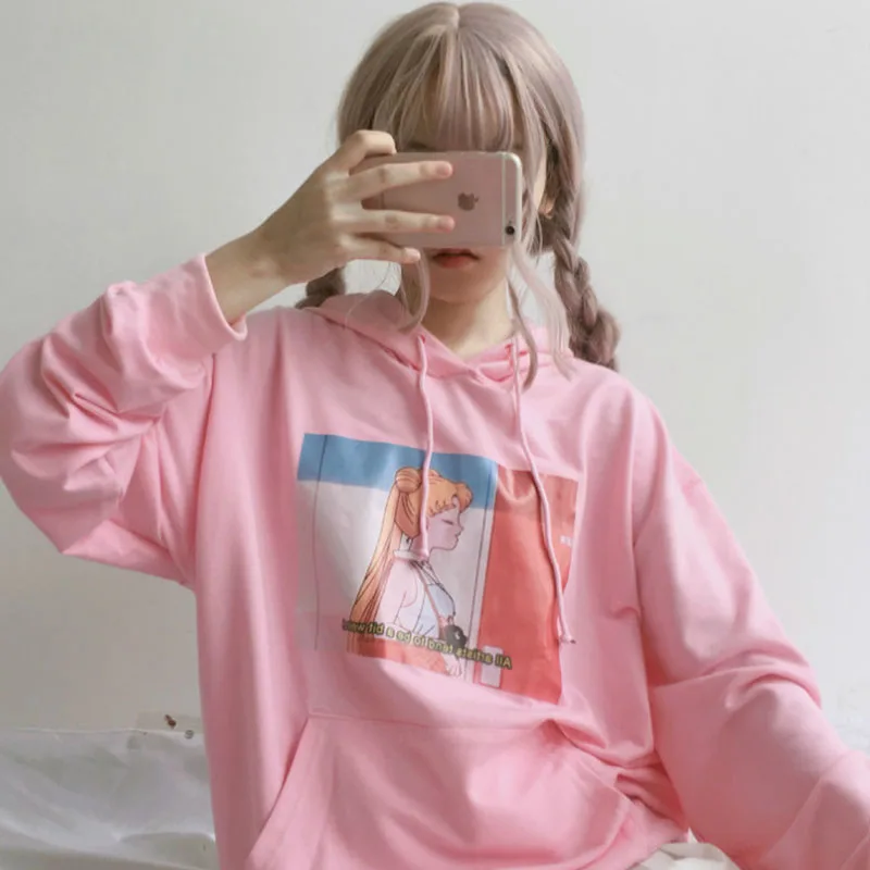 Корейский мультфильм красота девушка печати белый розовый толстовки женщин зима
