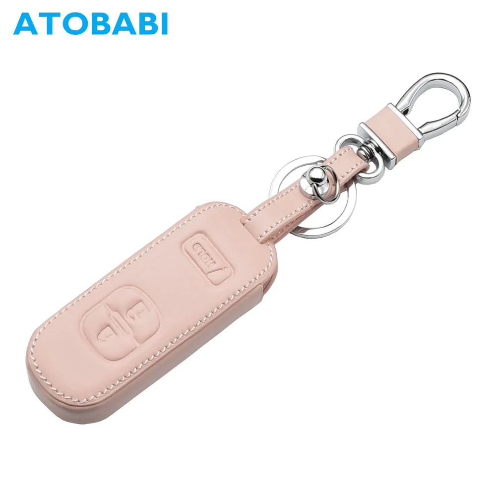 

ATOBABI Pink Car Key Case Real Leather Remote Fob Shell Cover 2+1 Buttons Women Smart Key Bag Holder for Mazda 3 CX-3 CX-5 CX-9