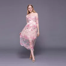 Богемский стиль г. весенне-летнее модное шелковое платье до середины икры с круглым вырезом и рукавом три четверти Элегантное Длинное Платье с вышивкой и кружевными листьями