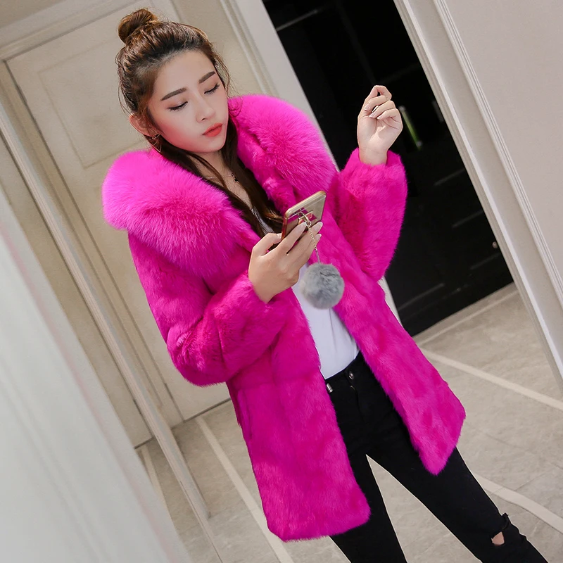Fur coat female whole skin rabbit fur long fox fur hooded