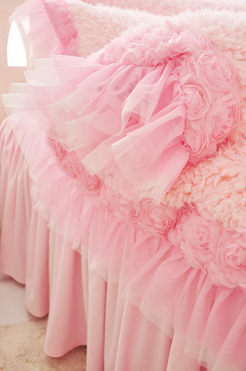 Фиолетовый Белый Розовый теплый флис ткань корейский стиль принцессы постельных принадлежностей кружева пододеяльник фланель бархат кровать юбка наволочки