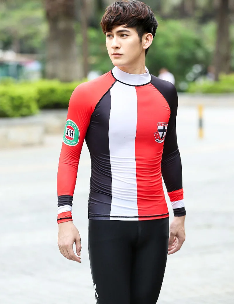 

2016 Men's Long Sleeve Rash Guard Shirts Men Patchwork Surf Swimwear Rashguard Swim Diving Tops Man Sun-Protective Clothing 3XL