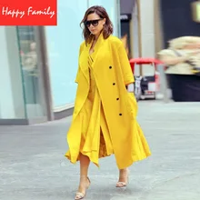 Macarons Color Trench 2016 Autumn New Fashion Runway Turn Down Collar Half Sleeve Mid Calf Length Solid Yellow Trench