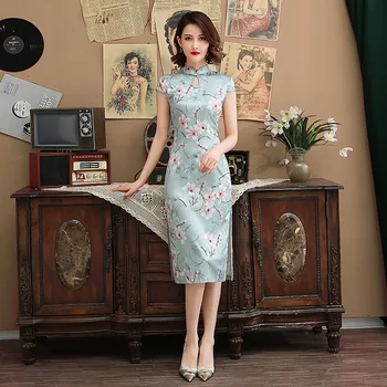 

Satin Mandarin Collar Slim Chinese Dress Girl Elegant Short Sleeve Vestidos Slim Long Summer New Cheongsam Print Flower Qipao