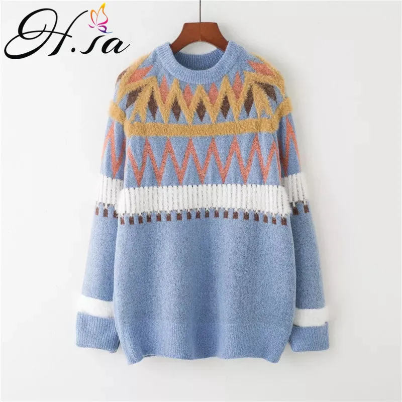 

H.SA Woman Sweater Pullovers Long Sleeve Loose Oversized Knitted Jumpers Oneck Geometric Pullover Jumpers cashmere sweater 2018