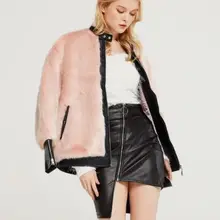 Модная женская куртка-бомбер из искусственной кожи Лоскутная контрастная текстура искусственного меха передние карманы с кнопками с длинными рукавами