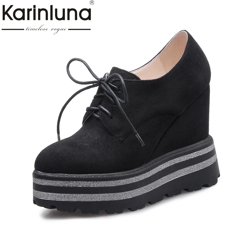 

Karinluna 2018 Fashion Round Toe Lace Up Platform Women Pumps Wedge High Heels Shoes Woman Red Black Shoes