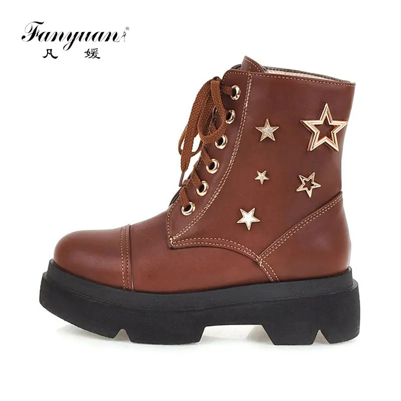 

fanyuan Fashion Martin Boots High Heels Platform Ankle Boots Ladies Brogue Shoes Woman British Style Lace up Black brown