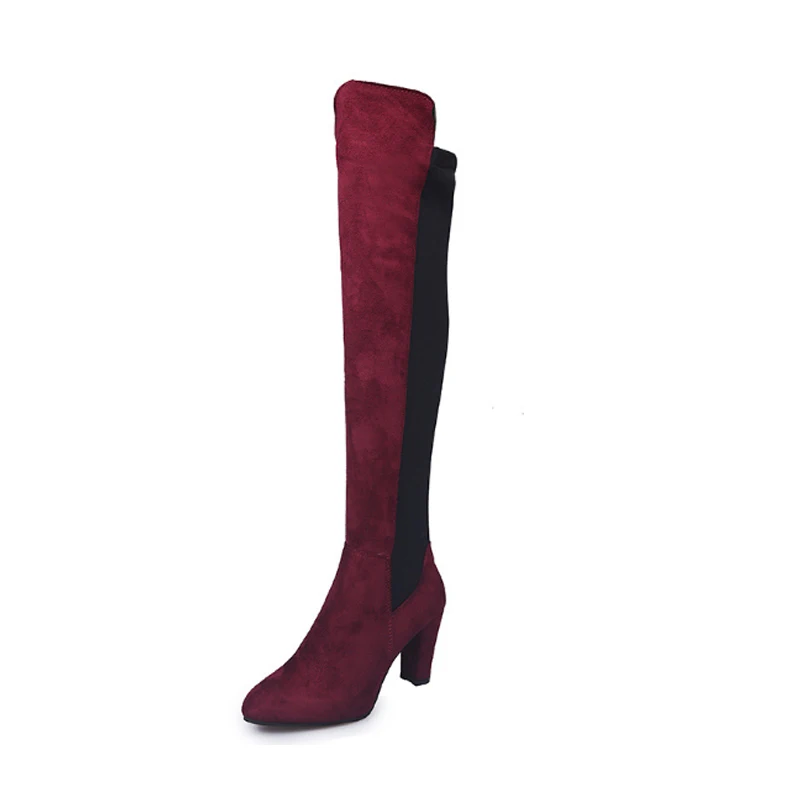 HIBISMIX/женские сапоги до колена; коллекция года; модные разноцветные лоскутные сапоги на высоком каблуке с круглым носком; короткая плюшевая женская обувь; 1248 - Цвет: Wine Red