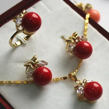

fancy jewelry set 10mm red shell pearl,ring, pendant & stud earring AA1013