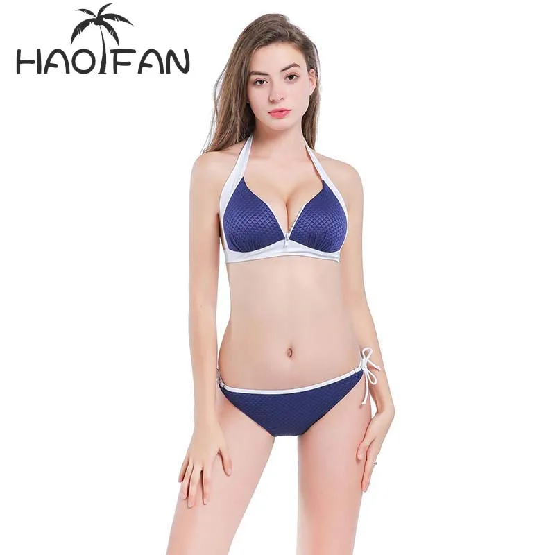 

HAOFAN Plaid Sexy Bikini Set Blue Patchwork Push Up Swimwear Zipper Female Swimsuit Halter Top Two Pieces Swimsuit XXL Bikinis