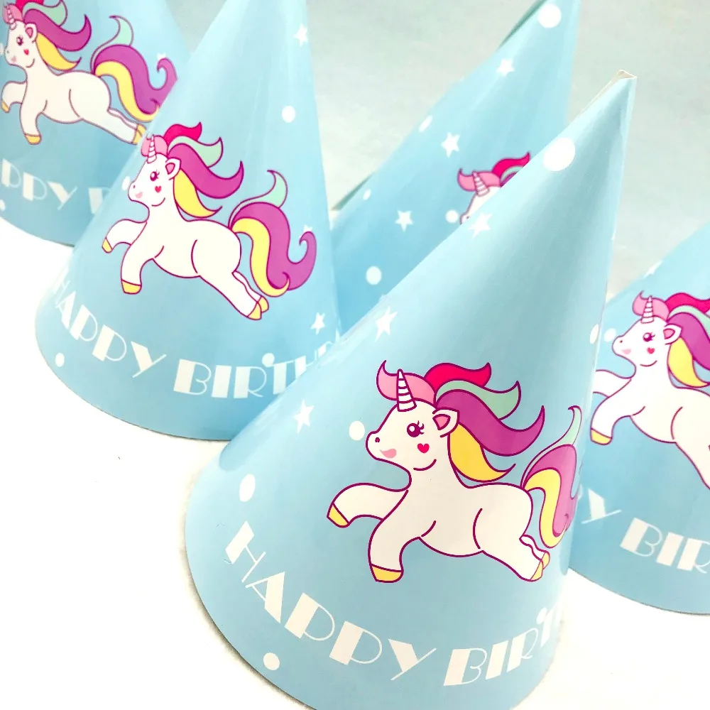 Gorro de papel de unicornio fiesta de Cumpleaños de suministros para fiesta de nacimiento, con temática de dibujos animados azul, recuerdo de decoración, 6 unids/set por Set - AliExpress