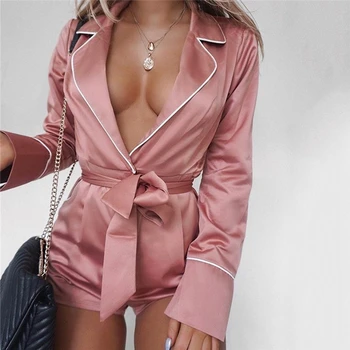 

Autumn Spring Sexy Bodysuit Women Turn-Down Collar Long Sleeve Rompers Female Sashes Elegant Short Jumpsuit Overalls