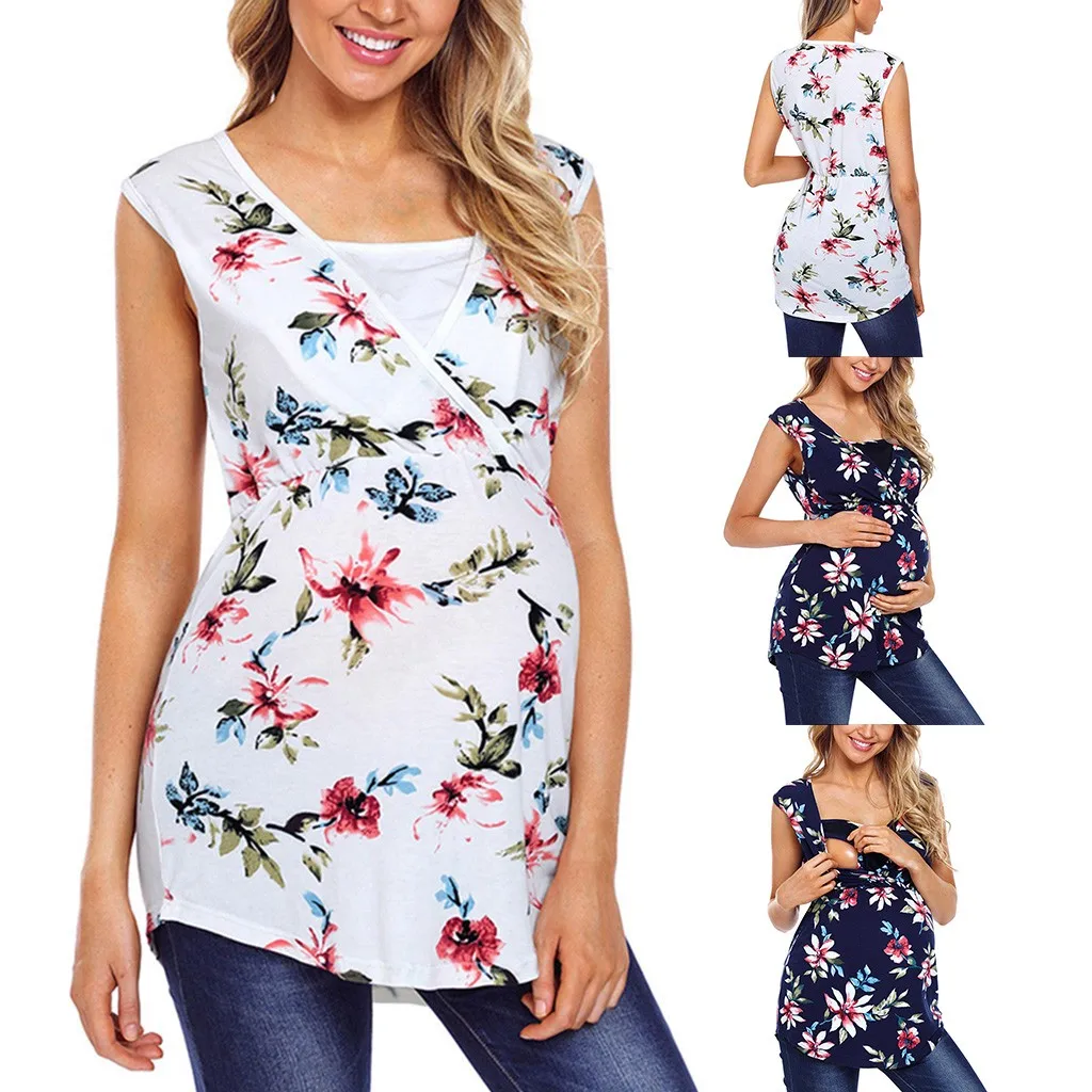 

Maternity Floral Print Vest Pregnant Women Nursing Baby T-shirt Maternity Sleeveless Tops Feeding Vest HOOLER