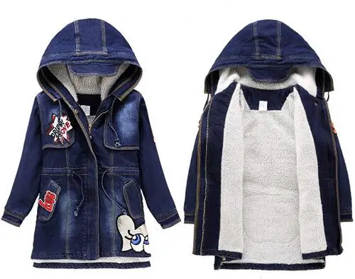 Джинсовая куртка для девочек; сезон осень-зима; детская длинная одежда для подростков; плотная теплая верхняя одежда для девочек; пальто; Джинсовая хлопковая куртка с капюшоном