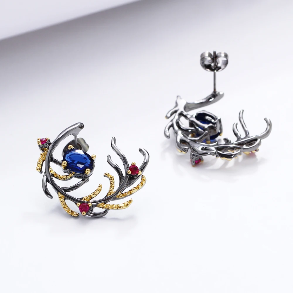 Charming Beautiful leaf earring Blue Rose color stones crystal CZ Black Gun Plated Jewelry & Accessories Bohemia big earrings