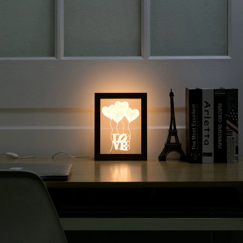 Heart Balloon Patterns Wood Frame Small 3D Night Light Creative Acrylic