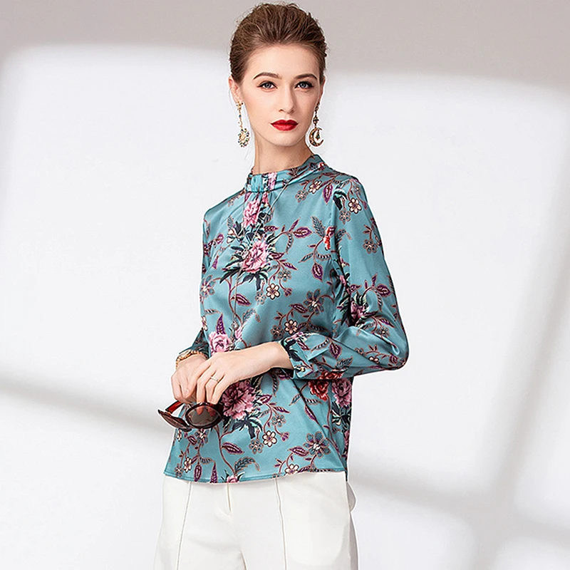 

Blouse Women Shirt 100% Heavy Silk Printed Vintage Design Stand Neck Long Sleeves Elegant Style Office Top New Fashion 2019