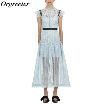 

Luxury Self portrait New Party Dress 2019 Vintage blue women's dressSexy Cutout Short-sleeved lace Long Dress