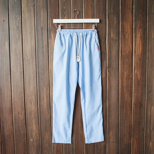 Новые летние однотонные льняные повседневные штаны, простые Эластичные на завязках льняные брюки, свободные и дышащие мужские брюки большого размера - Цвет: sky blue