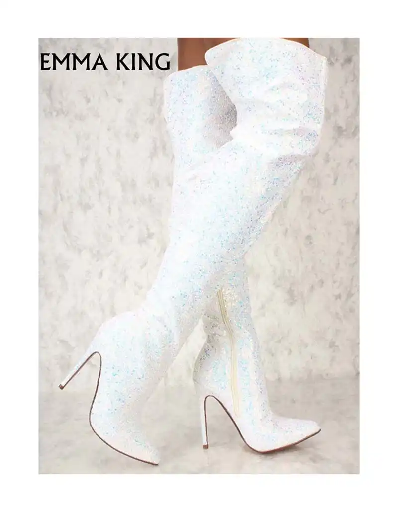 white glitter thigh high boots