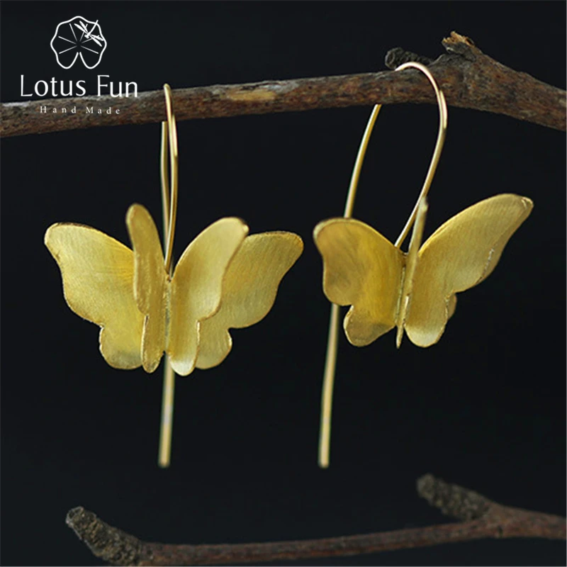 Lotus Fun Real 925 Sterling Silver Natural Creative Handmade Fine Jewelry Gorgeous 3D Butterfly Drop Earrings for Women Brincos