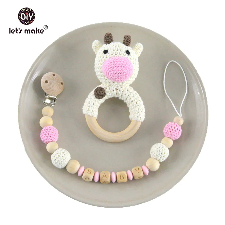 Let's Make погремушка для малышей 1 комплект крючком амигуруми Слон Сова пользовательское имя новорожденный Монтессори развивающие деревянные кольца детские игрушки - Цвет: cow chain
